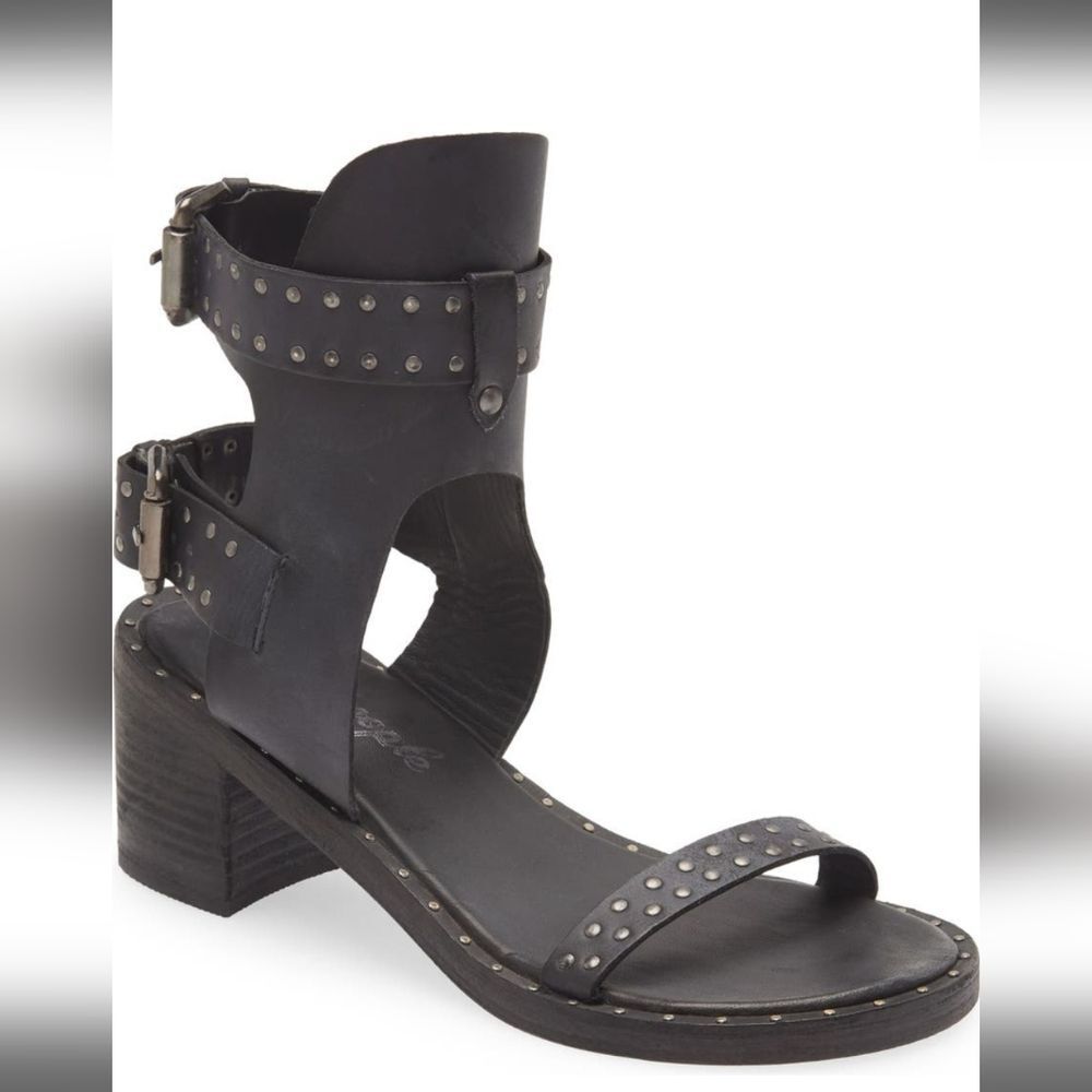 Free People Happiness Heeled Sandals Black Leather Studded Sz EU 38.5 Gladiator